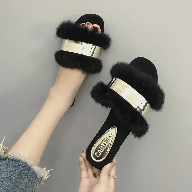 

Gold bling fur shoes women flock cork slippers summer fashion outdoor furry sandals woman fluffy flip flops black/beige mules