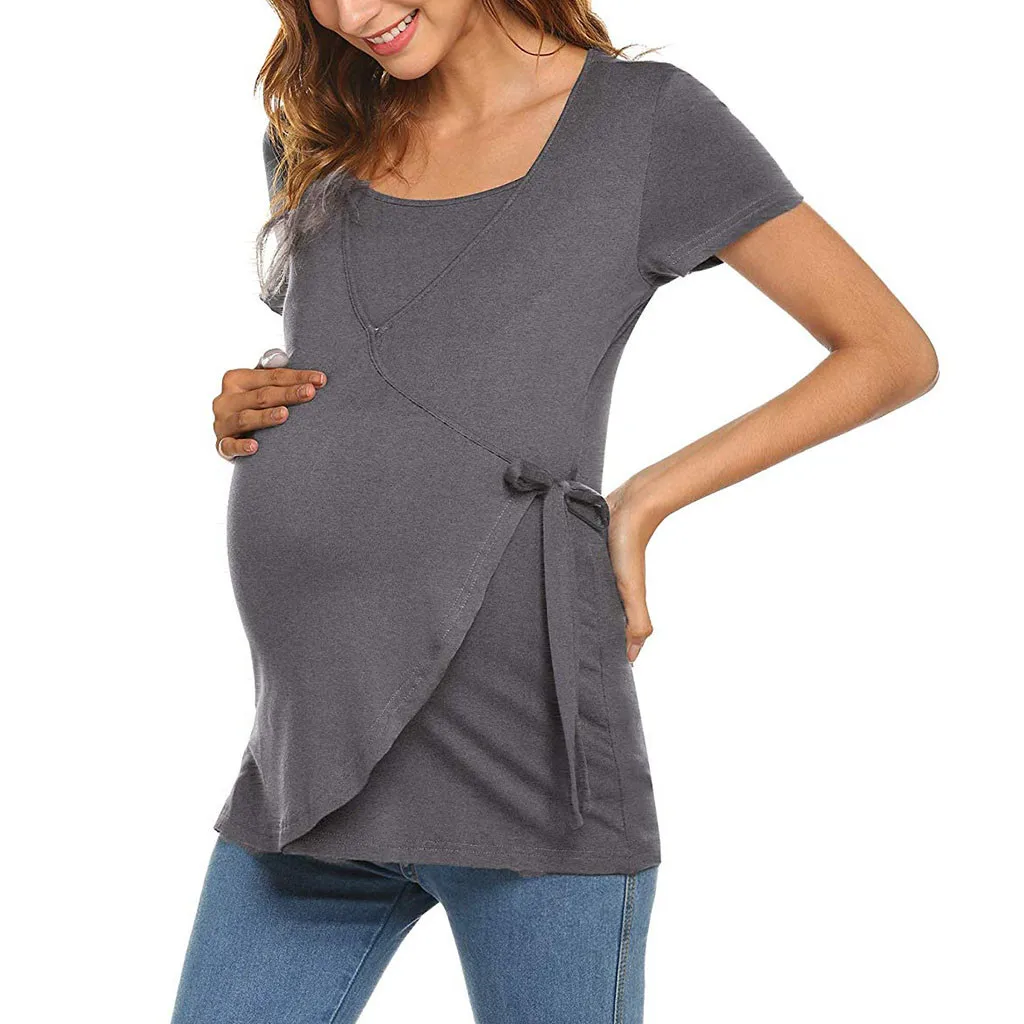LONSANT Maternity Solid layered lacing Nursing Breastfeeding Blouse Women Pregnant Tops Maternity summer short sleeve T-Shirt
