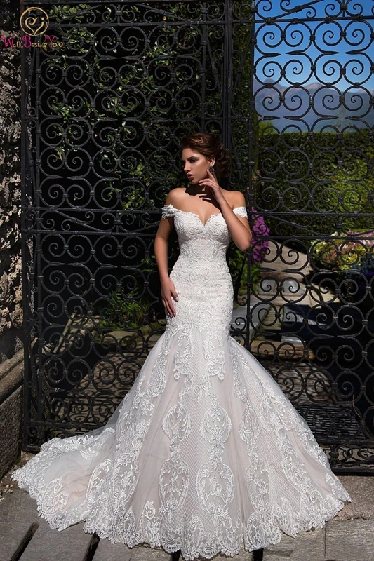 

Vintage Wedding Dress 2019 Lace-up Back Mermaid Sweetheart Neck Appliques Tulle Court Train Off Shoulder Sleeveless Bridal Gown