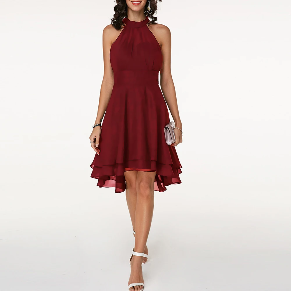 

Summer Women Dress Casual Halter Sleeveless Chiffon Dress Solid Split Hanging Neck Dress Sexy Temperament Sleeveless Dress H30