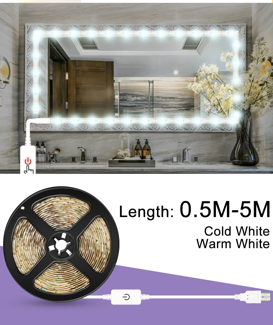 Косметический зеркальный светильник, светодиодная лампа с регулируемой яркостью, гибкое зеркало для ванной комнаты, водонепроницаемый светильник, USB, 5 В, туалетный столик, светильник с европейской вилкой