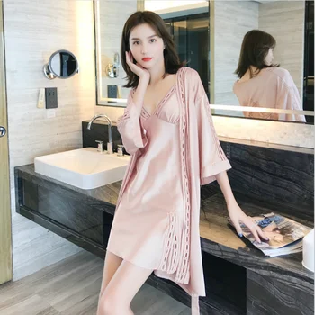

2019 Summer Women Silk Nightgowns Set Fashion Satin Pink Sexy Sleepwear Luxury Home Clothes Women's Robe Nightwear