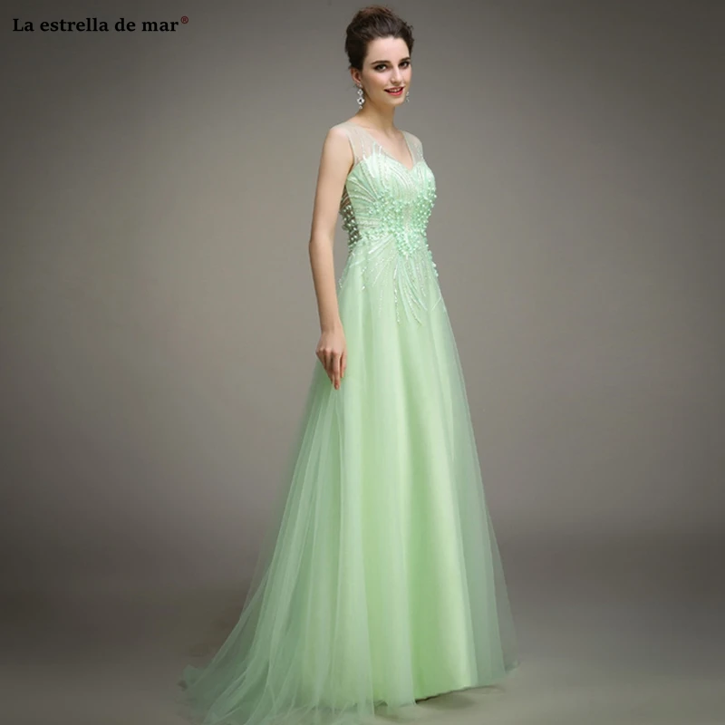 

Vestido boda mujer invitada2019 new Scoop neck tulle crystal mint green pink bohemian bridesmaid dress long wedding party dress