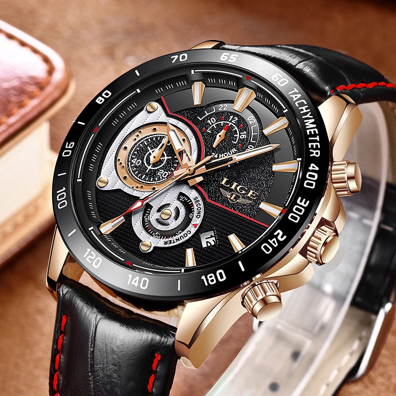 

LIGE New design Luxury Fashion Leather Men Quartz Analog Watches Brand Men Casual waterproof sports Watch Relogio Masculino+Box