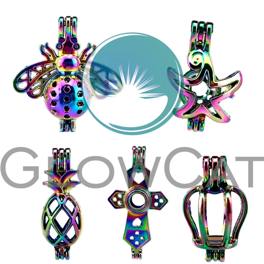 

HOT Sale Colorful Cross Bee Crown Starfish Fruit Beads Cage Jewelry Making Perfume Diffuser Pearl Cage Locket Pendant