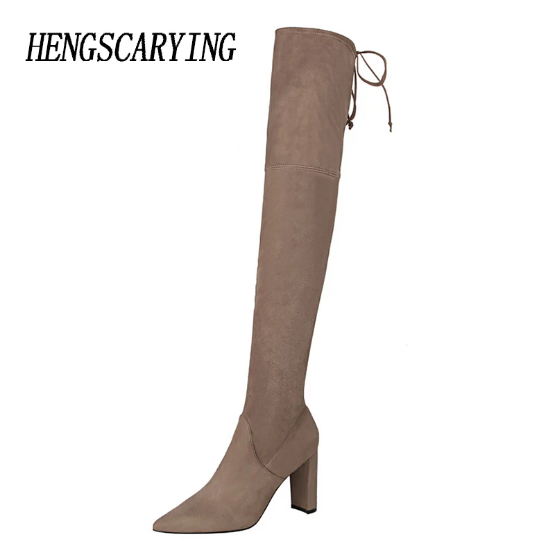 Hengscarying/брендовые осенние Slip-On Для женщин более-колено 9 см блок зимние сапоги на