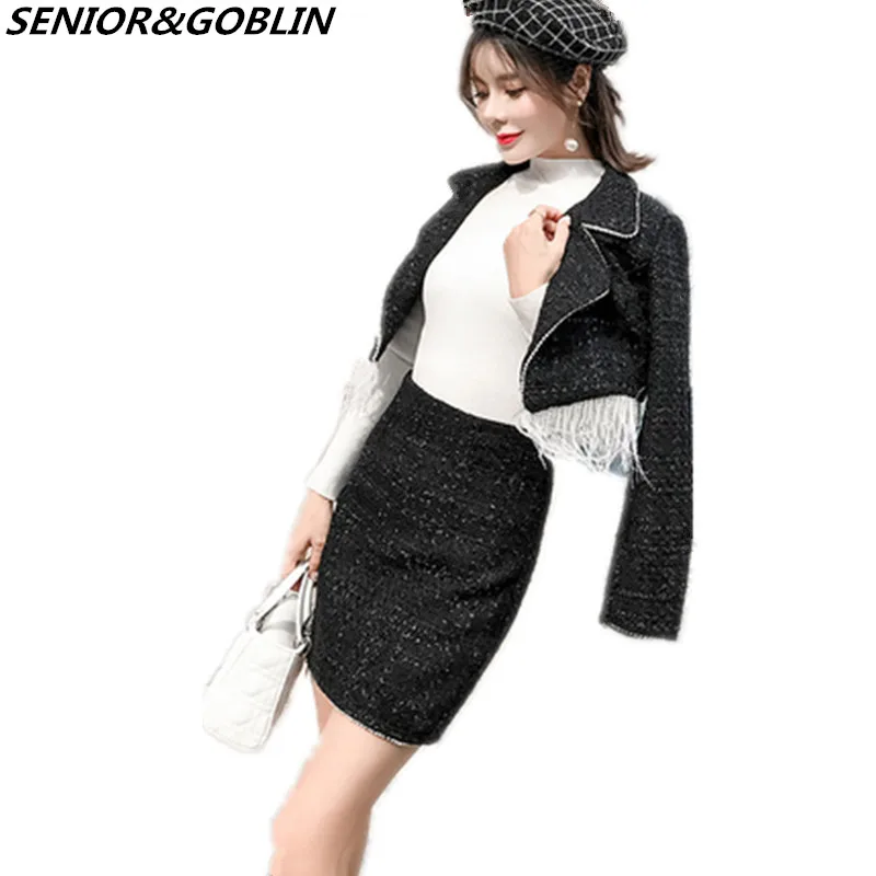 

2019 New Autumn Runway White Feathers Patchwork Tweed 2 Piece Set Winter Women Jacket Coat+High Waist Mini Tassel Skirt Suits