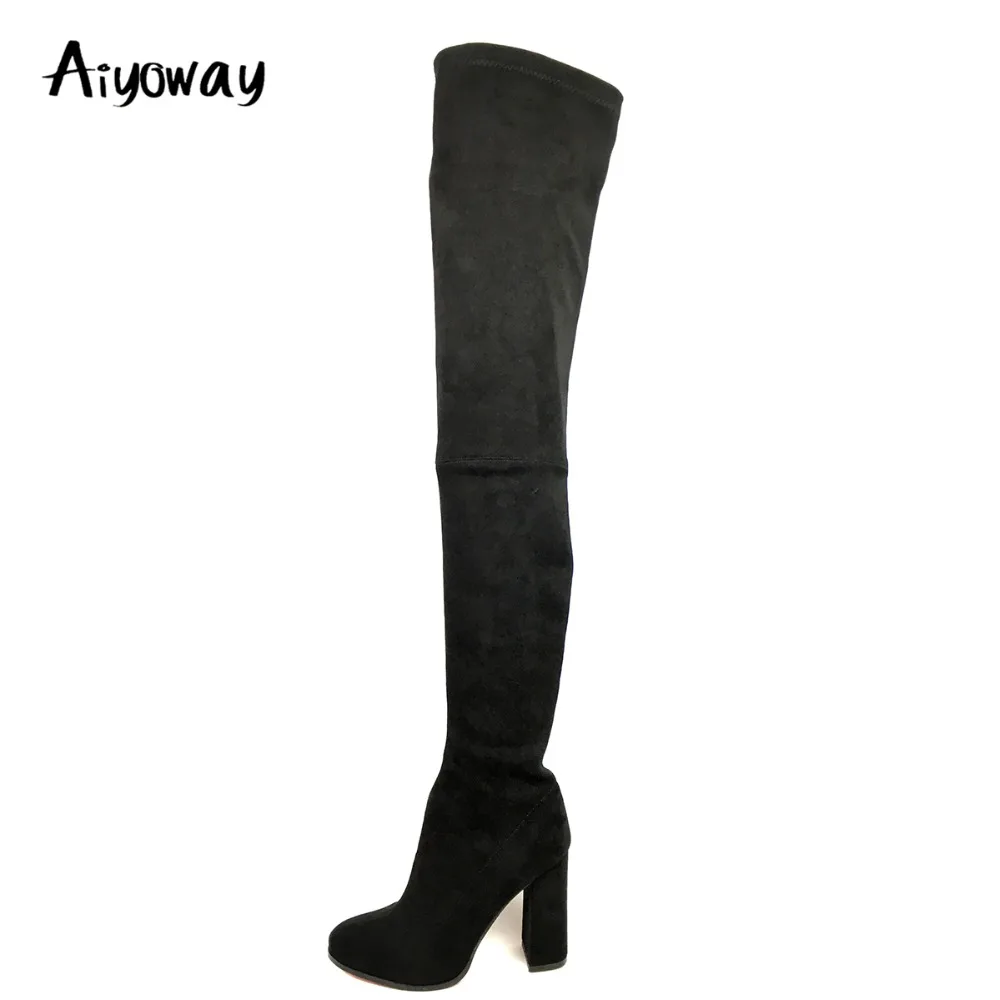 Goedkoop Aiyoway Sexy Vrouwen Ronde Neus Hoge Hak Over de Knie Laarzen Blok Hak Winter Herfst Feestjurk Dij Lange Laarzen Zwart side Zip