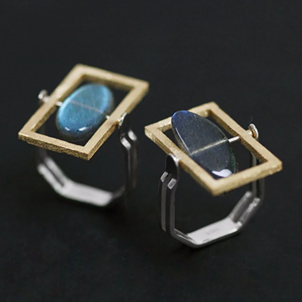 Lotus Fun Real 925 Sterling Silver Geometric Square Rings for Women Unique Labradorite Stone Fine Jewelry Rotatable Rings Size 6