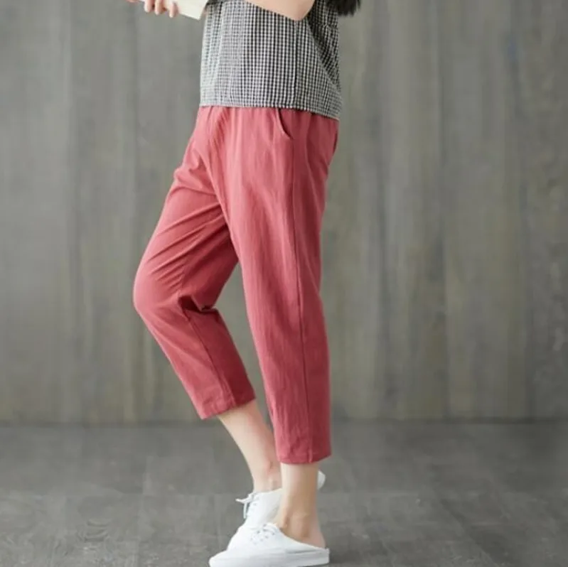 #0612 Summer Calf-length Cotton Linen Pants Women Elastic Waist Thin Casual Harem Pants Female Loose Plus size 3XL Red Black #0612 Summer Calf-length Cotton Linen Pants Women Elastic Waist Thin Casual Harem Pants Female Loose Plus size 3XL Red Black