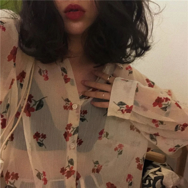 

Sexy Lady Flower Print Transparent Top Women Blouse Long Sleeve Shirt Sheer Summer Chemise Femme Chemisier Blusa Mujer Camisa