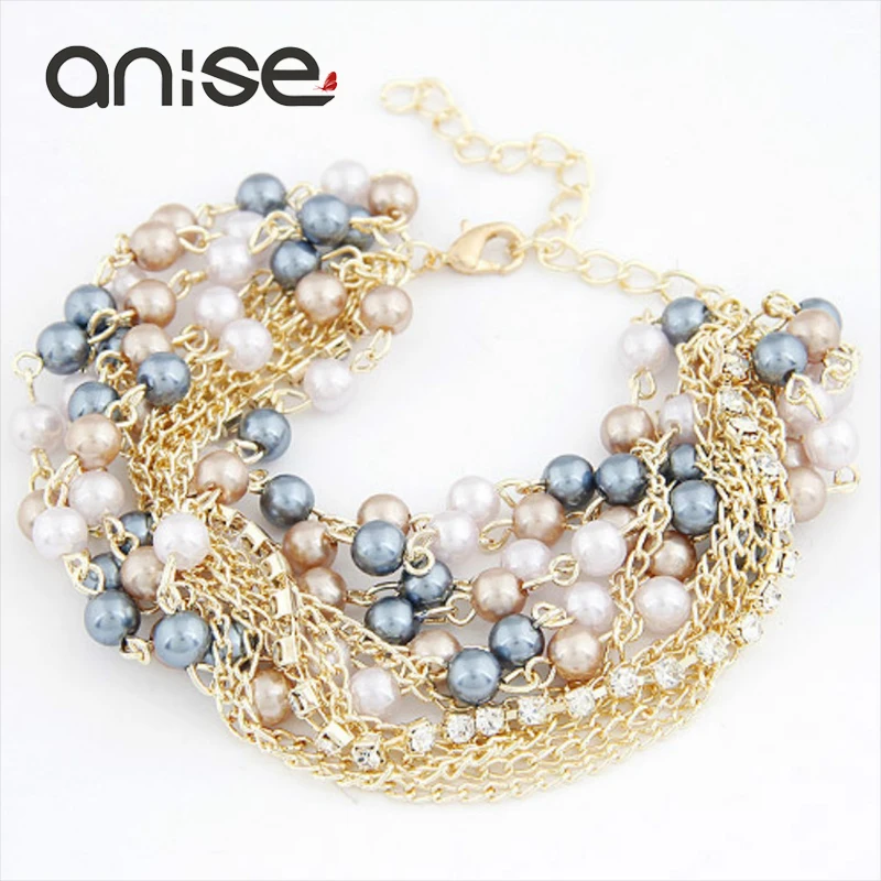 

Anise Brand Multilayer Imitation Pearls Bracelet Simple Fine Crystal Rhinestone Bracelet For Women Jewelry Fashion Bijoux