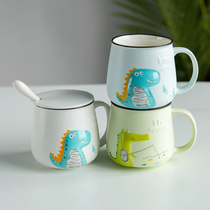 

Cute Mr Dinosaur Crocodile Cartoon Ceramic Coffee Mug with Spoon and Lid Porcelain Juice Drinking Cup Coffee Milk Tea Cup