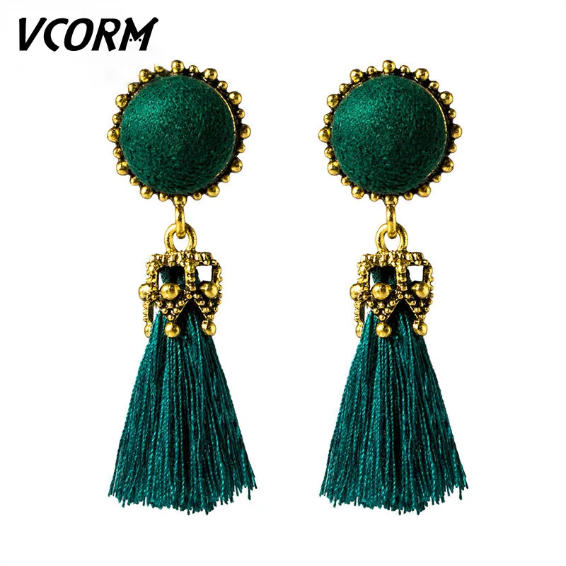 VCORM, богемные золотые длинные висячие серьги с кисточками для женщин, модные серьги с геометрическим помпоном, кристаллами, полимерной бахромой, висячие серьги, ювелирное изделие - Окраска металла: Green 3