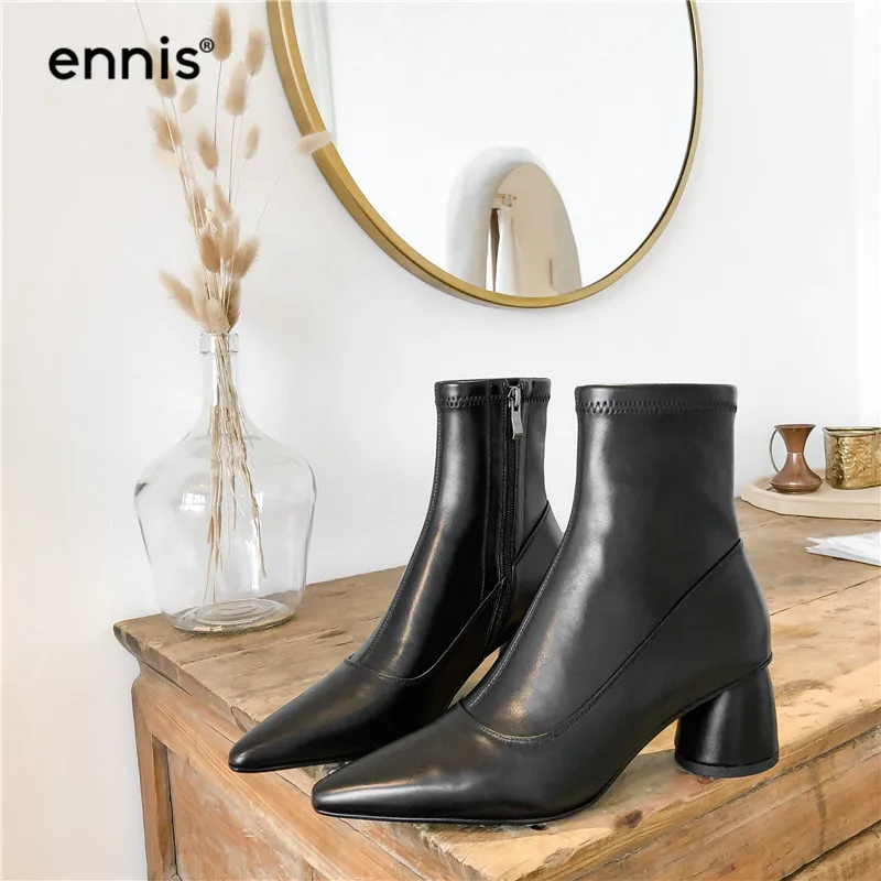 ENNIS Fashion Stretch Ankle Boots Women High Heel Boots Genuine Leather Boots Pointed Toe Shoes Autumn Winter Black A985