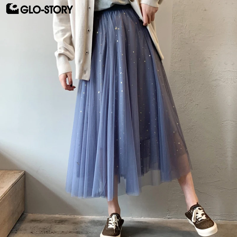 GLO-STORY Для женщин 2019 Мода Шифоновая юбка дамы много слоев до середины икры уличная