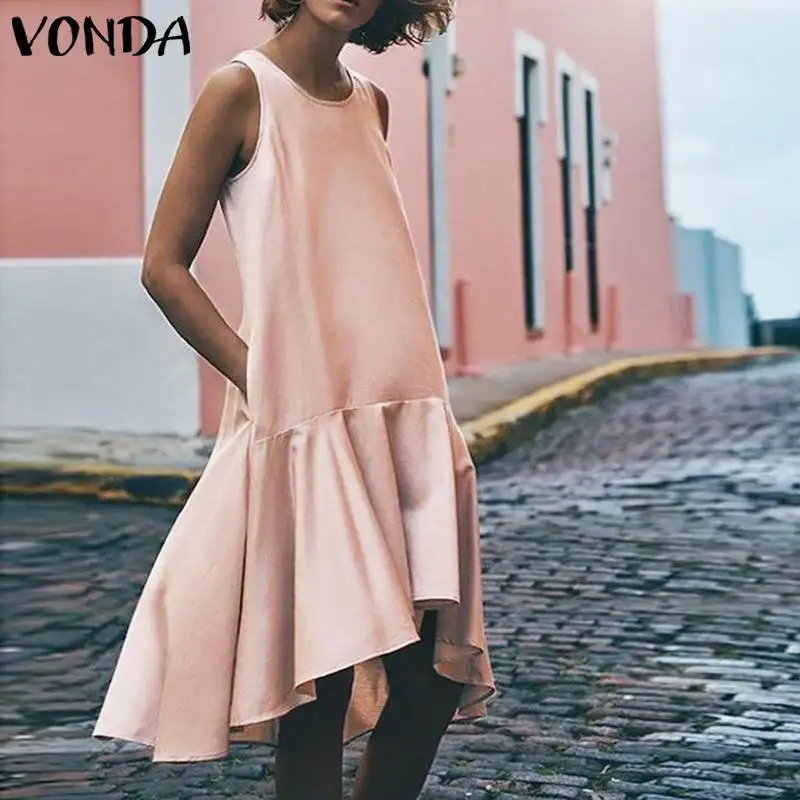 

VONDA Dresses Women Summer O-Neck Sleeveless Ruffles Dresses Pleated Loose Big Irregular Hem White Dress Beach Casual Sundress