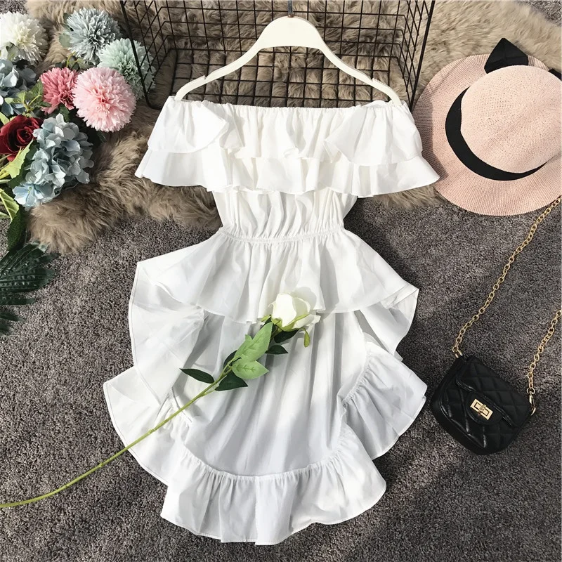 

2019 Summer New Slash Neck Ruffled Tops Women Irregular Fashion Slim Waist Solid Color Elegant Blouse H099