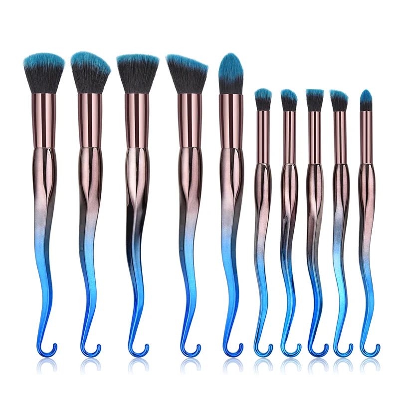 10Pcs Pure Blue Makeup Brushes Professional Thread Hook Wave Make Up