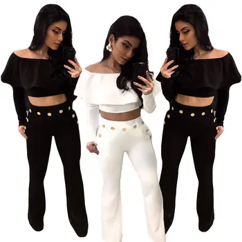 

2017 Summer Women Ladies Off Shoulder Ruffles Long Sleeve Crop Tops Buttons High Waist Pants Bodycon Fashion Women 2Pcs Sets