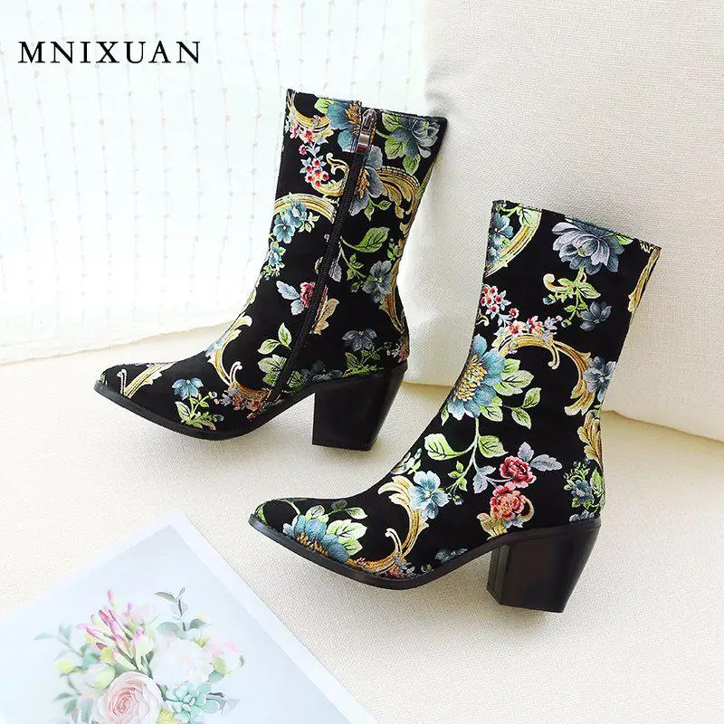 

MNIXUAN Handmade Chinese retro style winter women boots ladies shoes mid-calf boots 2019 new suede print flowers block high heel