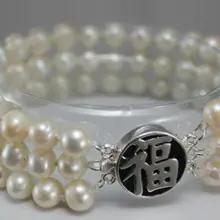 Дубай турецкий натуральный 3 ряда 7-8 мм белый жемчуг серебро ''FU'' застежка браслет 7,5" Свадебный широкий для стерлингового серебра-ювелирные изделия