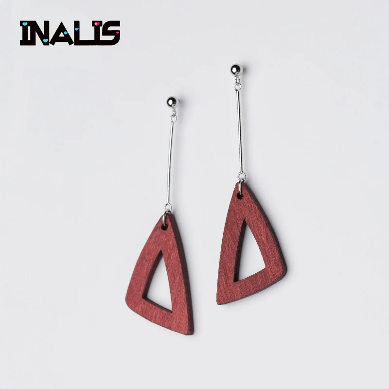

INALIS New Unique Design S925 Sterling Silver with Red Black Wood Triangle Pendant Dangle Drop Earrings for Women Party Brincos