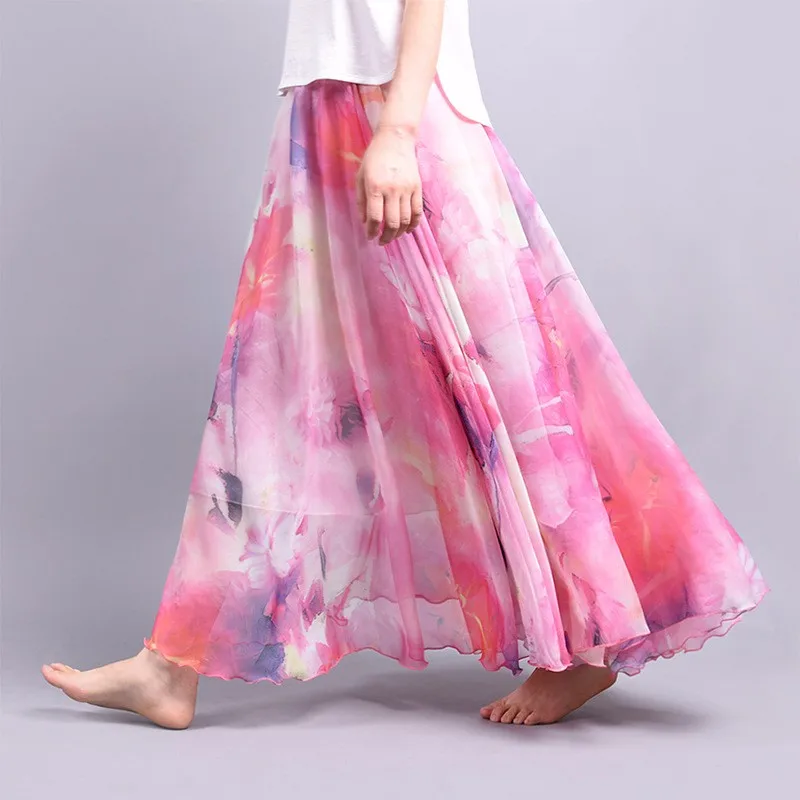 Юбки летние Элегантная женская макси юбка с эластичным поясом и цветочным принтом из шифона юбка длинная