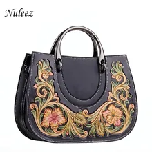 Nuleez сумка женская из натуральной коровьей кожи через плечо китайская Красивая ручная резьба Флора винтажная Роскошная большая сумка Весна