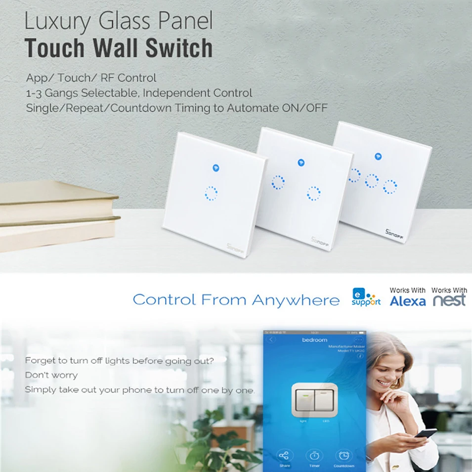 1---ITEAD Sonoff T1 US EU UK Smart WiFi RF  APP  Touch Control Wall Light Switch 1 2 3 Gang Wall Touch Switch Panel Smart Home