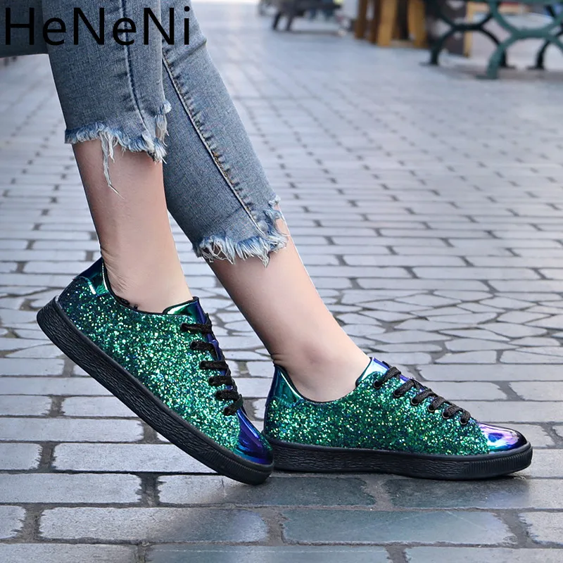 

Spring New Shoes Women Sneakers Fashion Vulcanized Shoes Shining Sequins Leather Platform Lace up Casual Tenis Feminino Zapatos