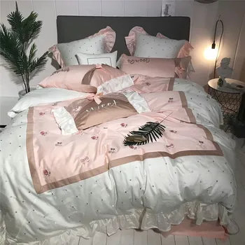 

Oriental Embroidery 100%Cotton Pink White Cute Modern Bedding Set Queen King size Princess Bed Sheet set Duvet Cover Pillowcases