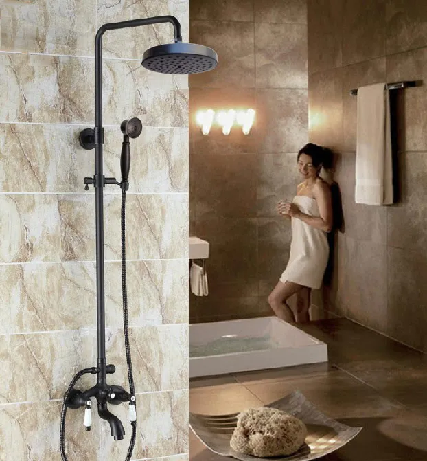 

Black Oil Rubbed Brass Dual Ceramic Handles Bathroom 8 Inch Round Rain Shower Faucet Set Bath Tub Mixer Tap Hand Shower mrs401