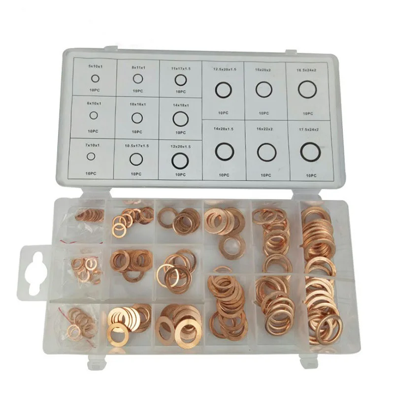 

150pcs 15 Sizes Assortment Solid Copper Gasket Washers Sealing Ring Set With Plastic Box