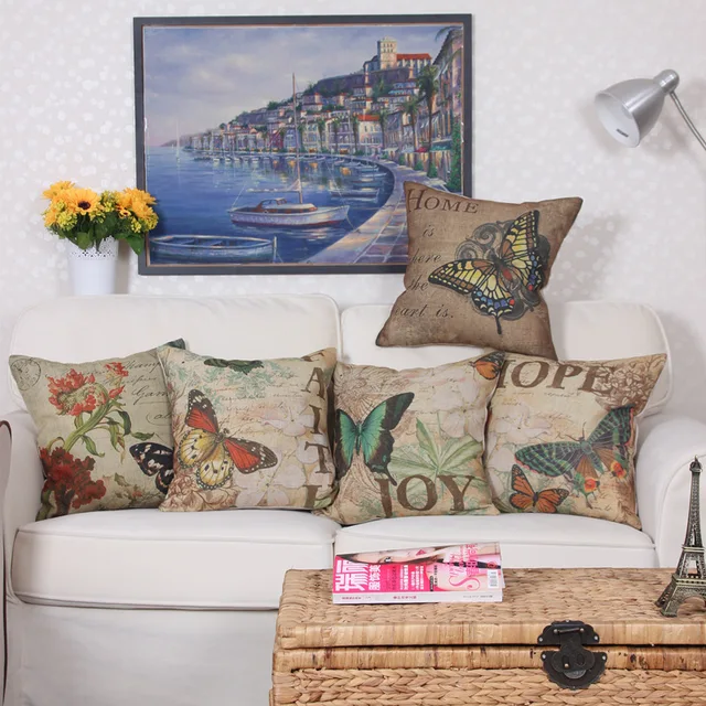 45 45cm Fashion Beautiful Linen Erfly Cushion Cover Sofa Chair 45 45cm Fashion Beautiful Linen Erfly Cushion Cover Sofa Chair Car Decorative Vintage Throw