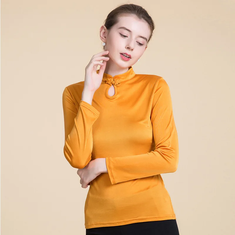 Женские футболки из чистого шелка с длинным рукавом, повседневные футболки с воротником-стойкой, женские топы, одноцветные женские футболки в китайском стиле - Цвет: Оранжевый