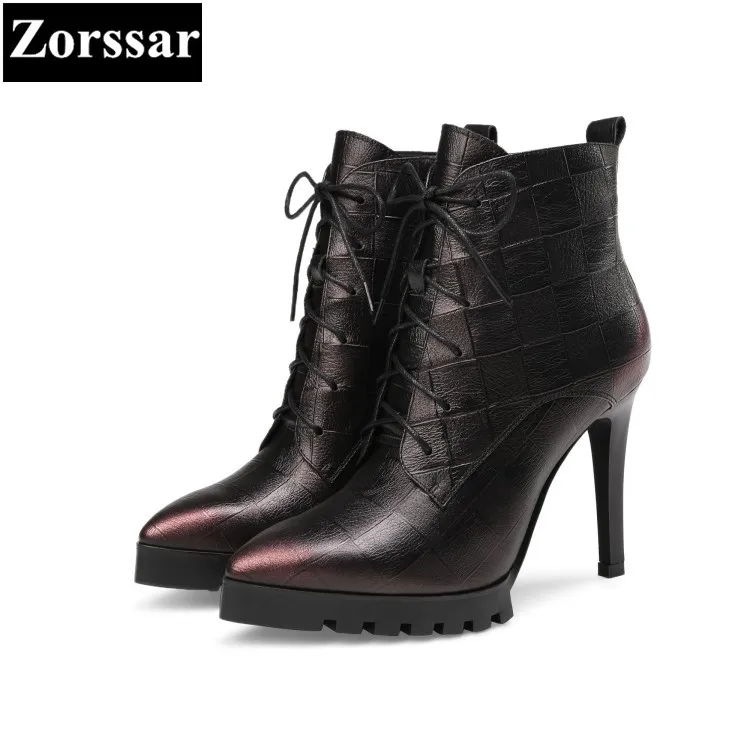 

{Zorssar} Large size Women shoes pointed Toe Thin heels lace up platform ankle Motorcycle boots High heels womens boots winter