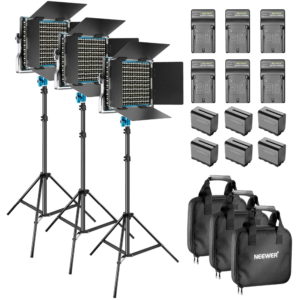 6-Pack Rechargeable 6600mAh Li-Ion Battery and Charger Lighting Kit for Photo Studio YouTube Video Shooting Neewer 3-Pack Dimmable Bi-Color 660 LED Video Light with Barndoor and 6.5 Feet Light Stand 
