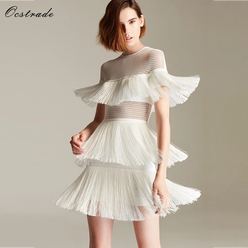 

Ocstrade Rayon Bandage Dress 2019 Designer Runway High Quality Fashion Multi Stitch Crochet Detailed White Tassel Bandage Dress