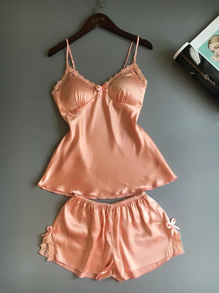 OtherLinks Orange Silk Satin Lace Padded Pajamas Set Women V Neck