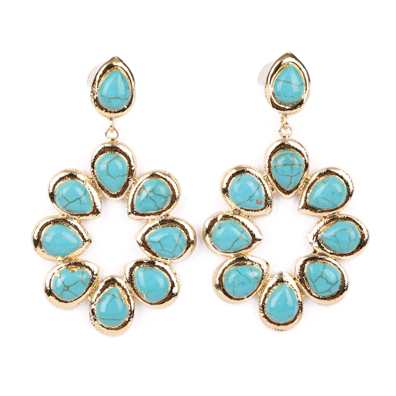 

hyperbole hollow tear water drop gold rim natural turquoises blue stone bead chandelier charm big dangle earring for women