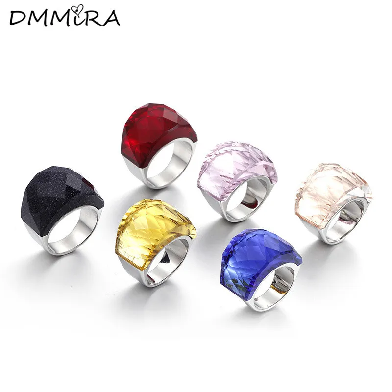 

New Arrival Fashion Women Silver Gold Stainless Steel Multicolors Crystal Black Pink Glass Stone Overstate Finger Rings Jewelry