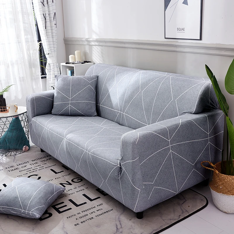 

Gray Rectangle Pattern Slipcover Stretch Four Season Sofa Covers Furniture Protector Polyester Loveseat Couch Cover Sofa Towel