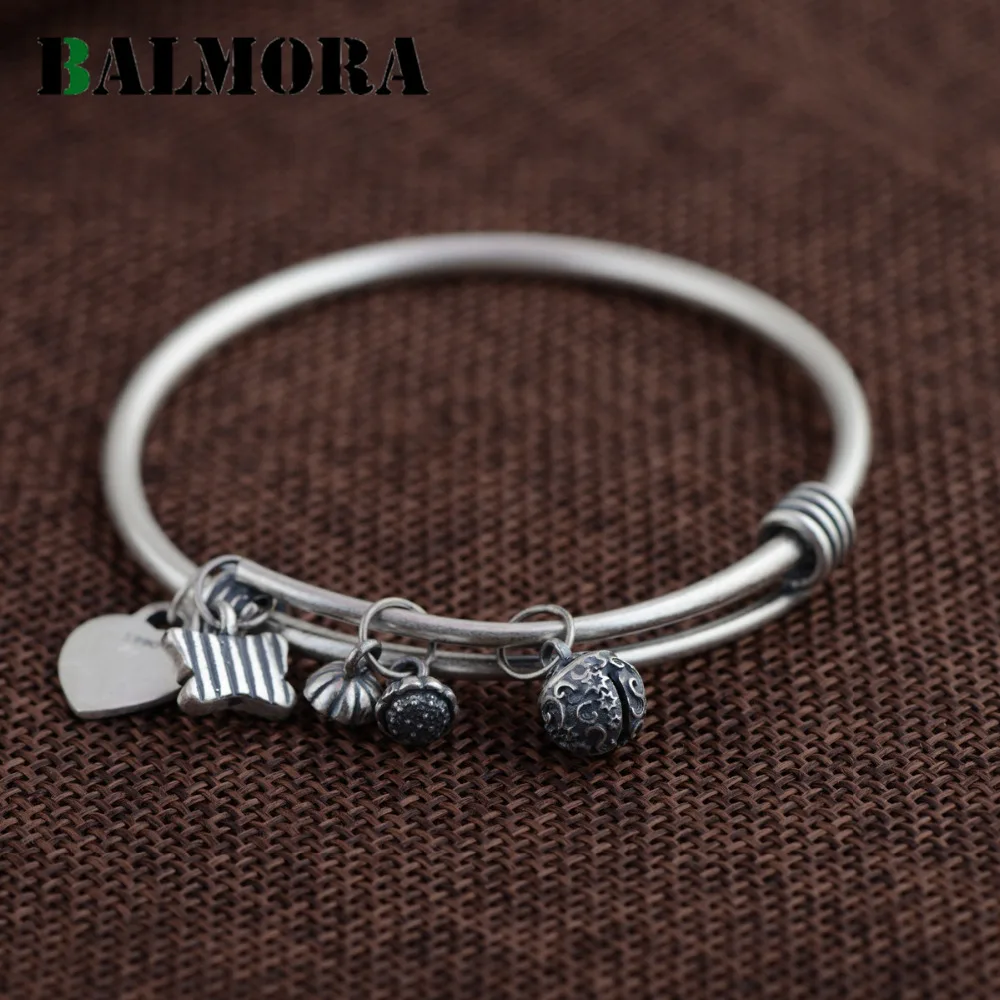 

BALMORA Authentic 990 Pure Silver Jewelry Fashion Retro Round Bangles for Women Lover Bracelets Accessories Gifts Bijoux SZ0208