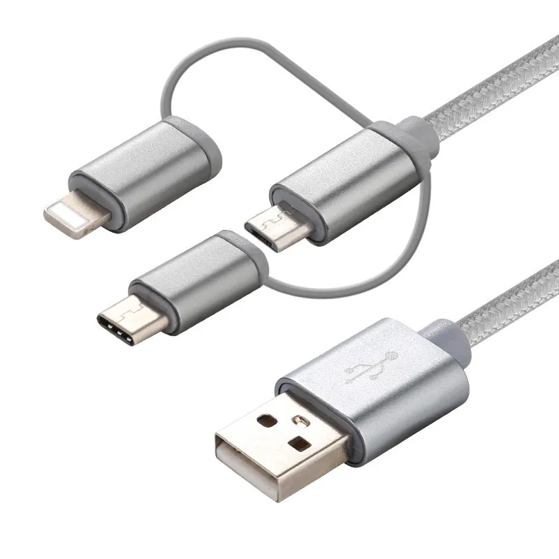 

3 in 1 Data cable aluminium alloy nylon woven 8 pin Micro USB data cable applicable type C for Apple Android usb charging cable