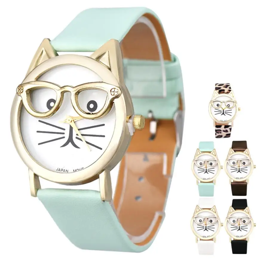 Girl font b Watch b font Cute Glasses Cat Women Analog Quartz Dial Wrist font b