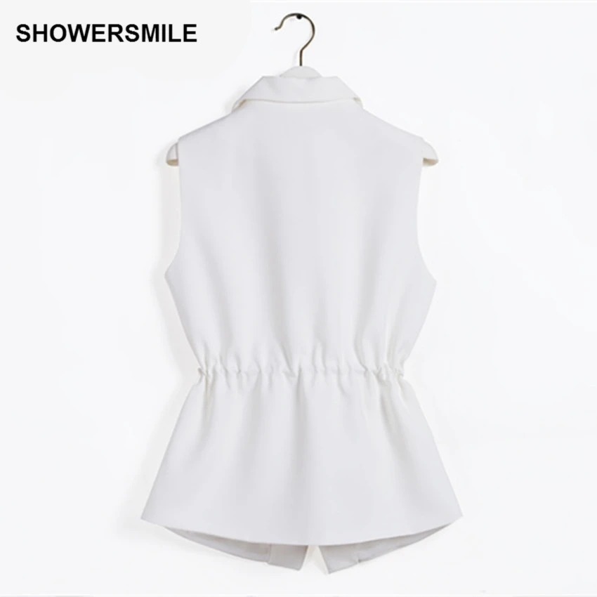 SHOWERSMILE White Vest Women Sleeveless Blazer Office Lady Slim Fit Waistcoat Turn Down Collar Brand Short Female Vests Coats