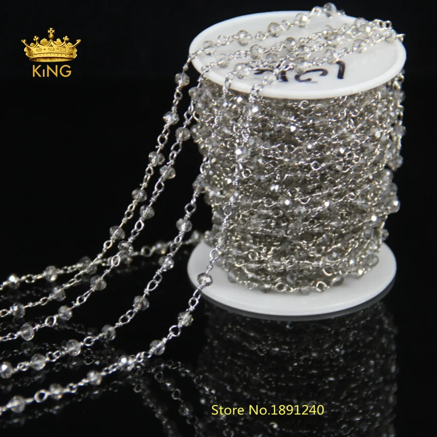 

Natural Glass Stone Beads Chain Jewelry with Grey Beads Color Silver Plated Chain Link Rondelle Glass Crystal Jewelry DS011