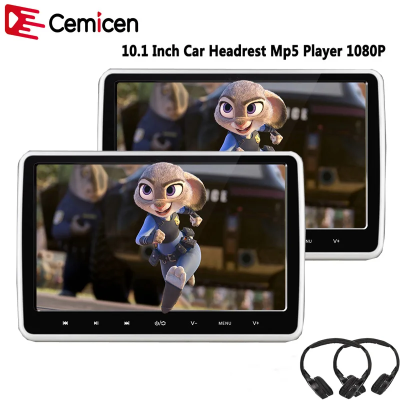 

Cemicen 2PCS 10.1 Inch Car Headrest Monitor Touch Button 1024*600 MP5 Player With HD 1080P Video/USB/SD/IR/FM Transmitter/Speake