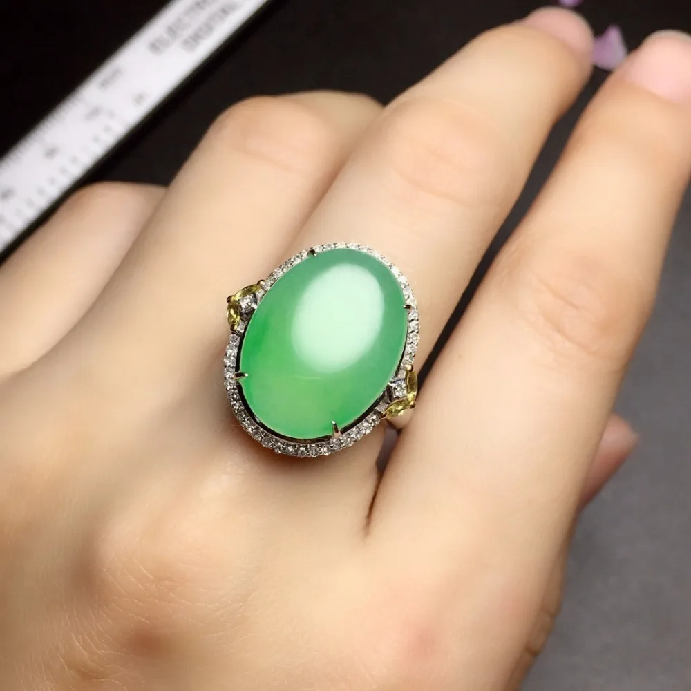 

Fine Jewelry 18K White Gold Real Natural Green Jade Burma Origin Wedding Engagement Female Rings for Women Fine Ring